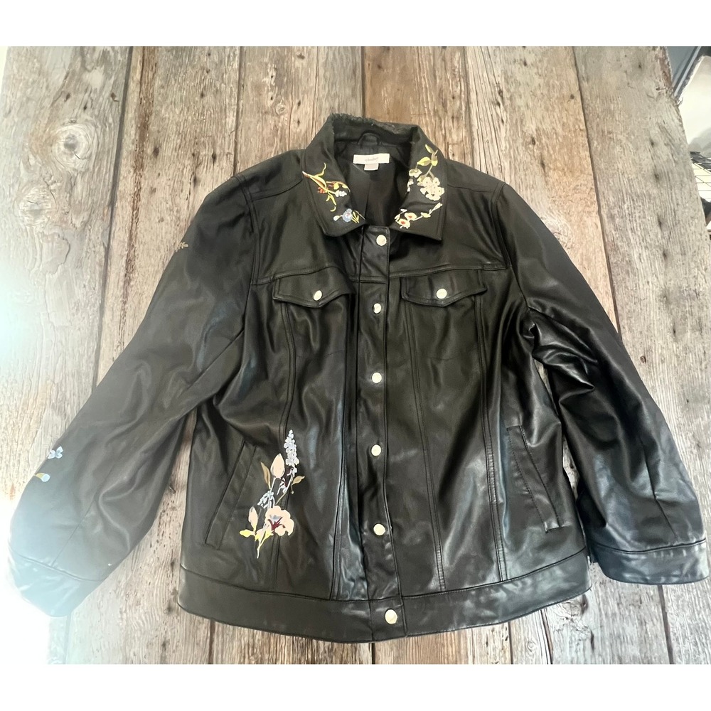 Cj Banks Black Faux Leather Floral Embroidered Trucker Jacket Plus Size 1X